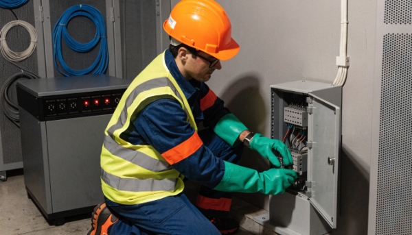 An electrician working on a wall-mounted bypass panel for a hardwired UPS system