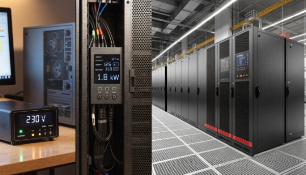 A collage of UPS systems from a small desktop unit to a large data center cabinet