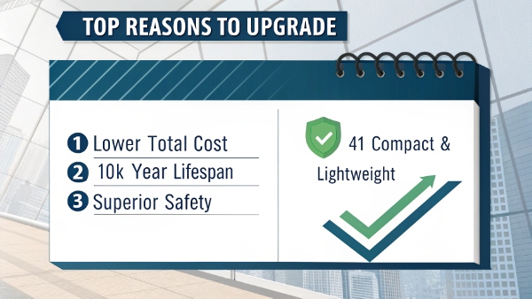 A checklist graphic highlighting the top benefits: Lower TCO, Longer Life, Better Safety, Smaller Size
