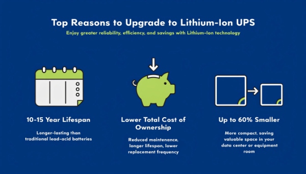 An infographic highlighting key benefits of DAOPULSE Lithium-Ion UPS: 15-Year Lifespan, Lower TCO, and 60% Smaller Footprint