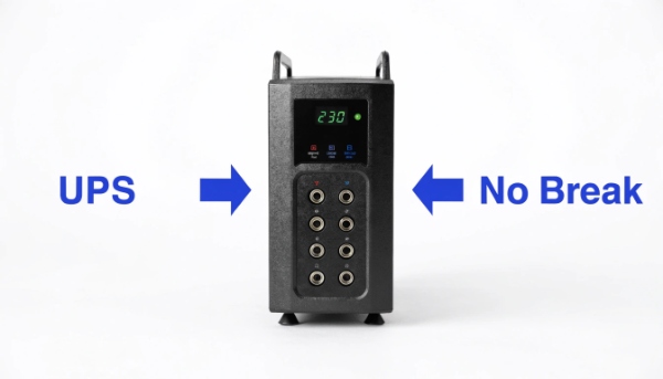 An image of a single power backup device with two arrows pointing to it, one labeled 'UPS' and the other 'No Break'