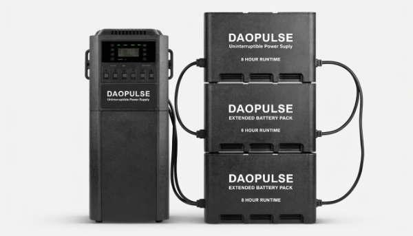 A DAOPULSE UPS with several matching External Battery Packs stacked beside it