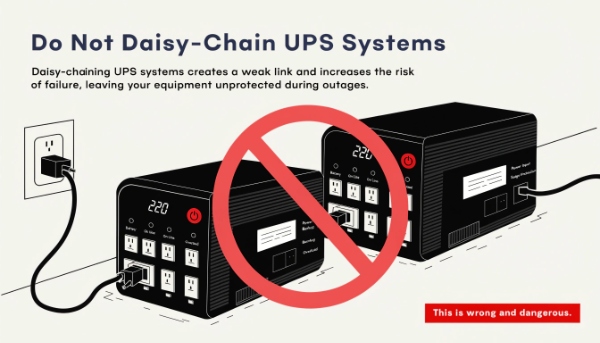 An image of one UPS plugged into another, with a large red 'X' over it to show it's wrong