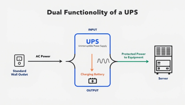 A diagram showing AC power flowing into a UPS, with arrows going to a connected server and to an internal battery icon