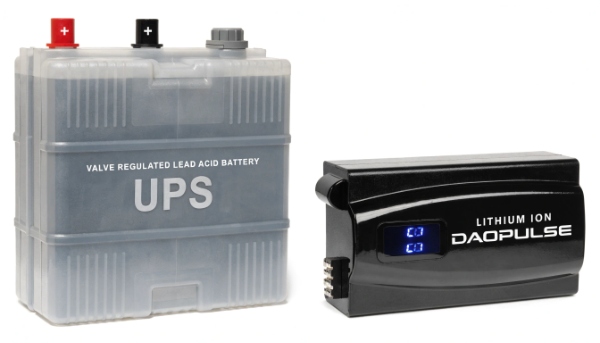 A traditional lead-acid UPS battery placed next to a sleek, compact DAOPULSE lithium-ion battery module