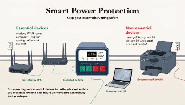An image of a home office setup with only the modem, router, and computer plugged into a UPS