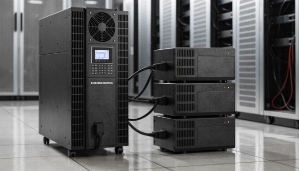 A large UPS system connected to a stack of external battery modules