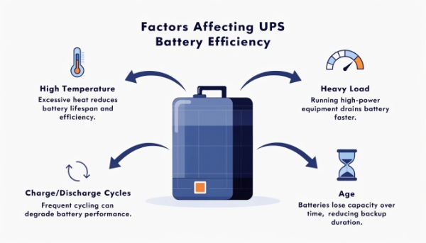 An infographic showing icons for temperature, load, age, and cycle count pointing towards a UPS battery