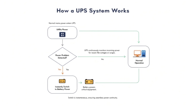 A flowchart showing how a UPS detects a power problem and switches to battery power