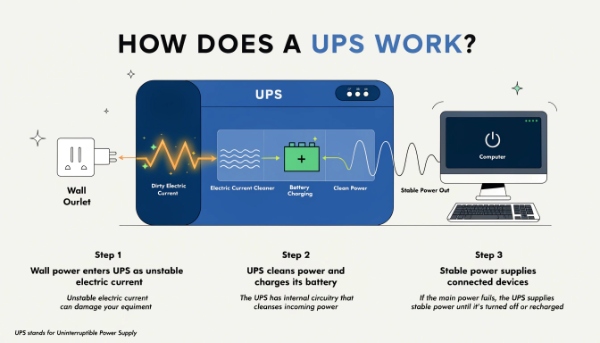 An animated GIF style image showing power flowing from the wall, into the UPS, and out to a computer