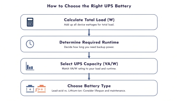 A flowchart graphic showing the steps: Calculate Load -> Determine Runtime -> Select UPS Capacity -> Choose Battery Type