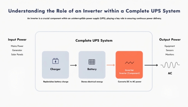 A block diagram showing an inverter as one part of a complete UPS system