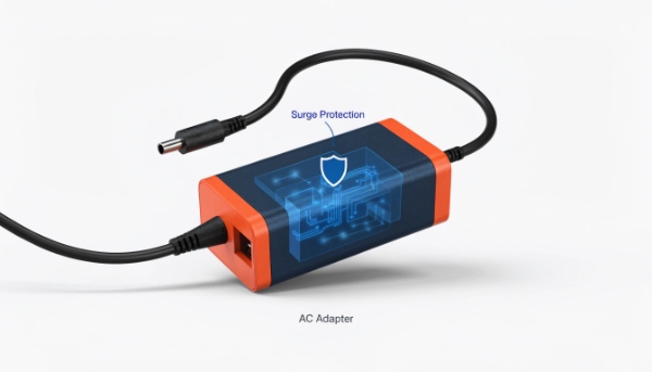 A laptop AC adapter, often called a brick, highlighted to show its protective function