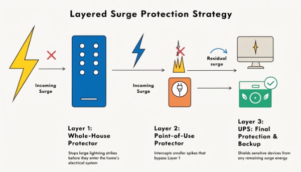A diagram showing three layers of protection: whole-house, surge strip, and UPS
