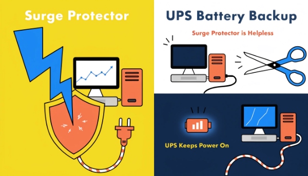 A graphic showing a lightning bolt being blocked, but a power cord being cut bypasses the protection