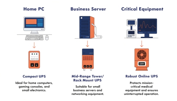 Icons representing different device types (PC, Server, Medical Equipment) with arrows pointing to different sized UPS units