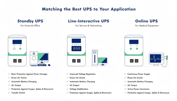 Icons of a PC, server rack, and hospital equipment, each matched with a Standby, Line-Interactive, and Online UPS respectively
