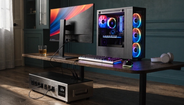 A modern gaming PC setup plugged into a high-quality UPS unit