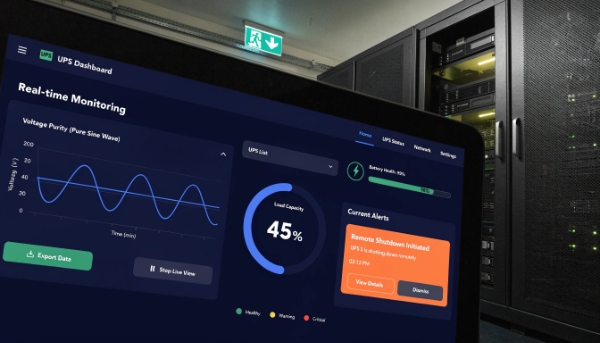 A dashboard on a computer screen showing remote monitoring of a modern UPS system's status