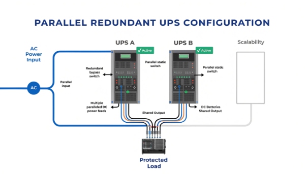A diagram showing two UPS units connected in parallel to a single critical server