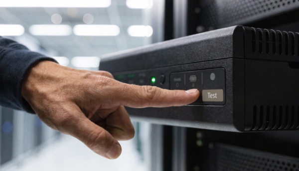 A photo of a finger pressing the 'Test' button on the front panel of a UPS unit