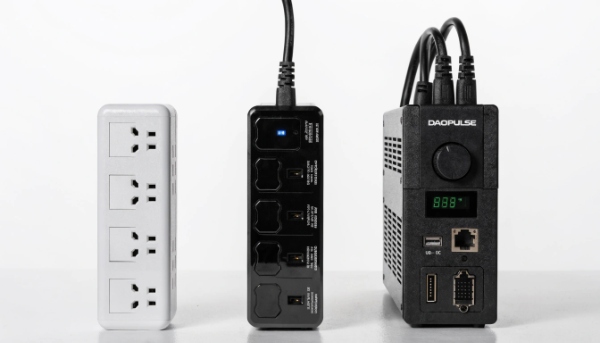 A side-by-side photo of a simple power strip, a surge protector, and a DAOPULSE UPS unit