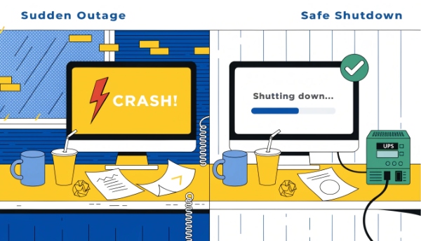 An image showing a safe, orderly computer shutdown versus a sudden system crash icon