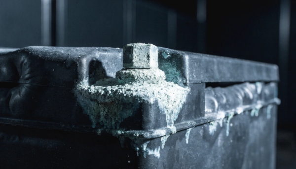 A close-up photo of a swollen and leaking lead-acid UPS battery terminal