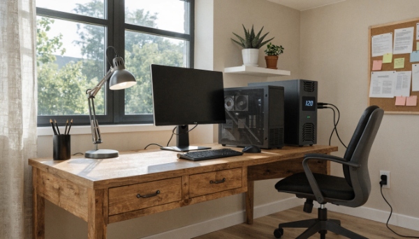 A standard desktop PC and monitor plugged into a small UPS unit