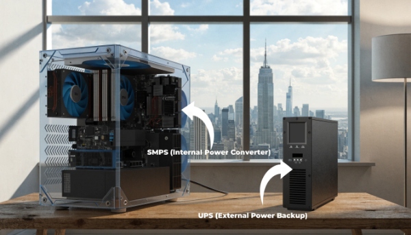 A computer with an arrow pointing to its internal SMPS, and the entire setup plugged into an external UPS
