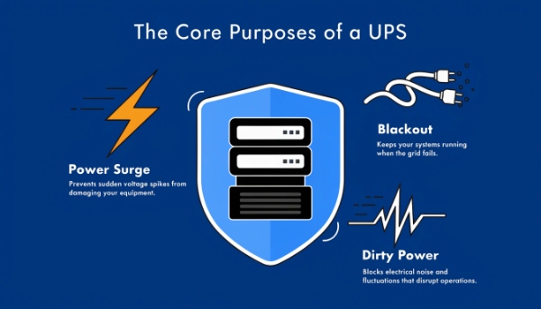 An icon-based graphic showing a UPS shielding a server from lightning bolts, power outages, and noisy power signals