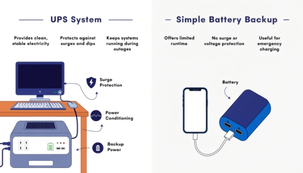 A diagram showing a UPS protecting a computer, versus a simple USB power bank charging a phone