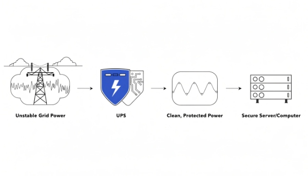 A simple flow chart graphic: Unstable Grid Power -> UPS -> Clean, Protected Power -> Critical Server
