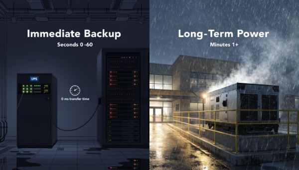 An image showing a UPS instantly powering a server, while a generator starts up outside a building