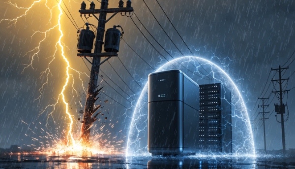 An animation-style image showing a lightning bolt hitting a power line, but a UPS shielding a server from the impact