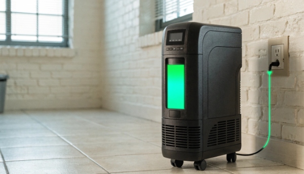 A UPS unit plugged into a wall, with an icon showing power flowing into the battery to recharge it