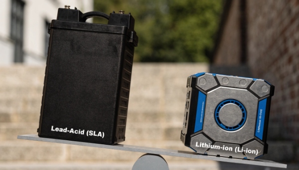 A side-by-side comparison image of a lead-acid battery and a smaller, lighter lithium-ion battery pack