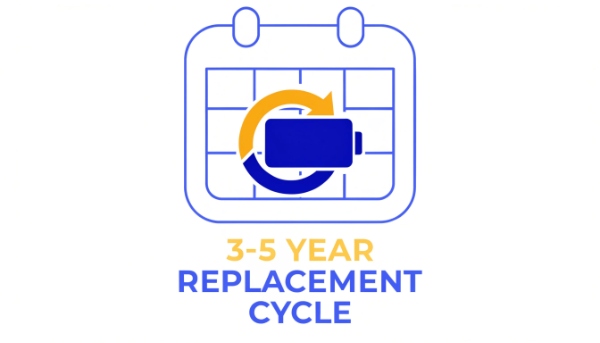 A calendar icon with a battery symbol, highlighting a 3-5 year replacement cycle