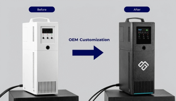 A graphic showing a plain UPS being transformed into a branded one with a company logo