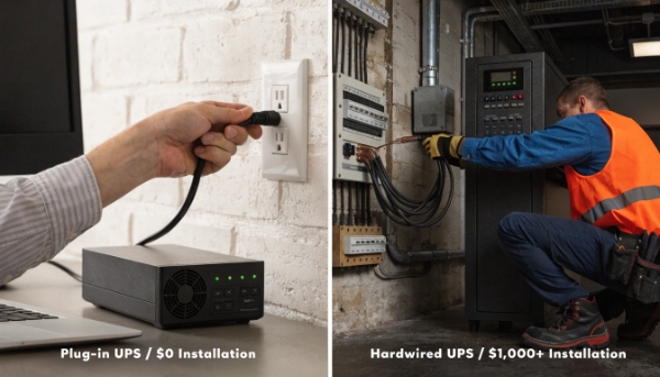 A split image showing simple plug-in vs. professional hardwired UPS installation