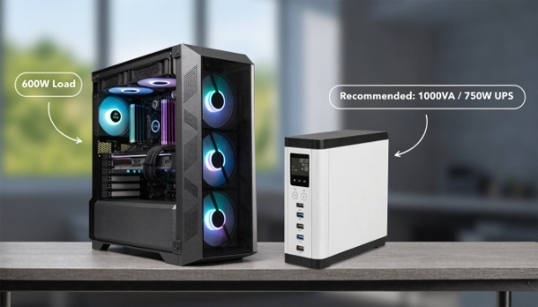 A custom-built PC on a desk with a 1000VA UPS unit next to it