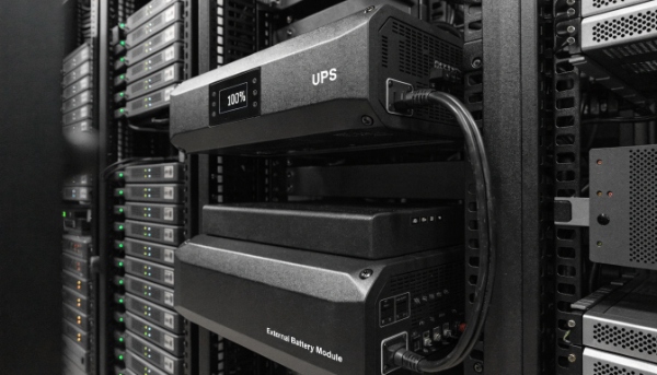 A rack-mounted UPS with a matching External Battery Module connected by a thick cable
