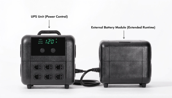 A UPS unit connected to an External Battery Module (EBM) to extend runtime