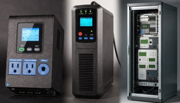 A collage of different types of UPS units, from small desktop models to large rack-mounted systems
