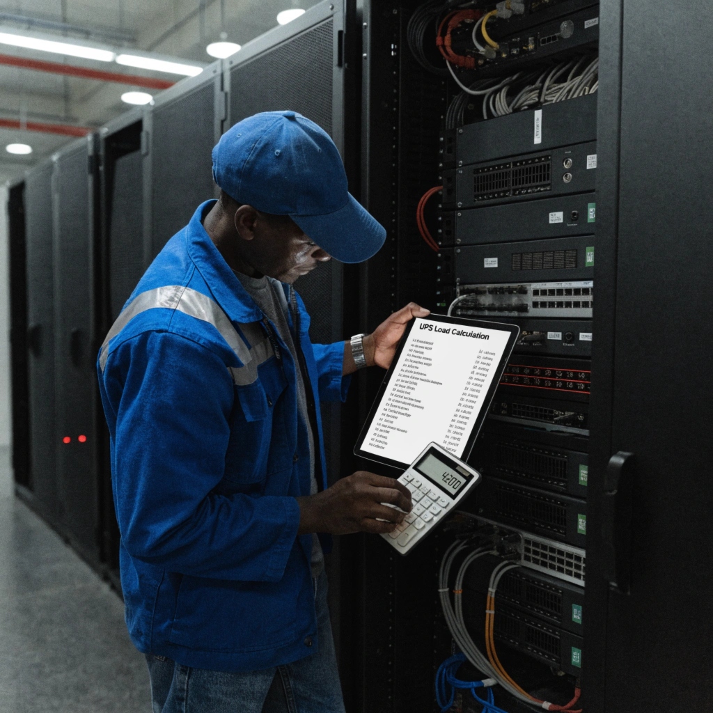 A person using a calculator next to a server rack to determine UPS load
