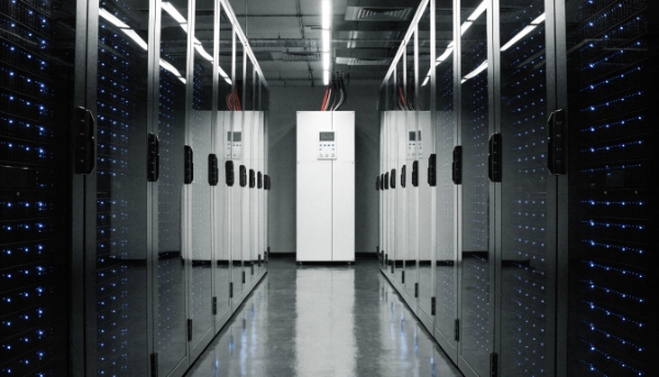 A clean, modern data center aisle with server racks and a large facility UPS unit visible at the end