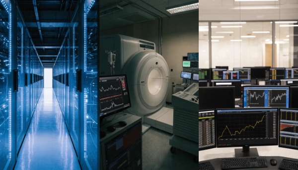 A collage of images showing a data center rack, a hospital operating room, and a bank's server room