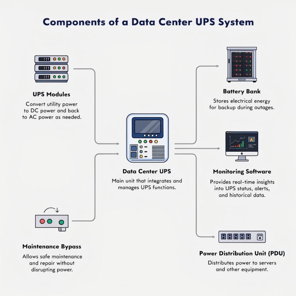 A diagram showing the different components of a data center UPS system connected together
