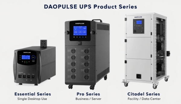 An image showing three distinct DAOPULSE UPS units representing the Essential, Pro, and Citadel series