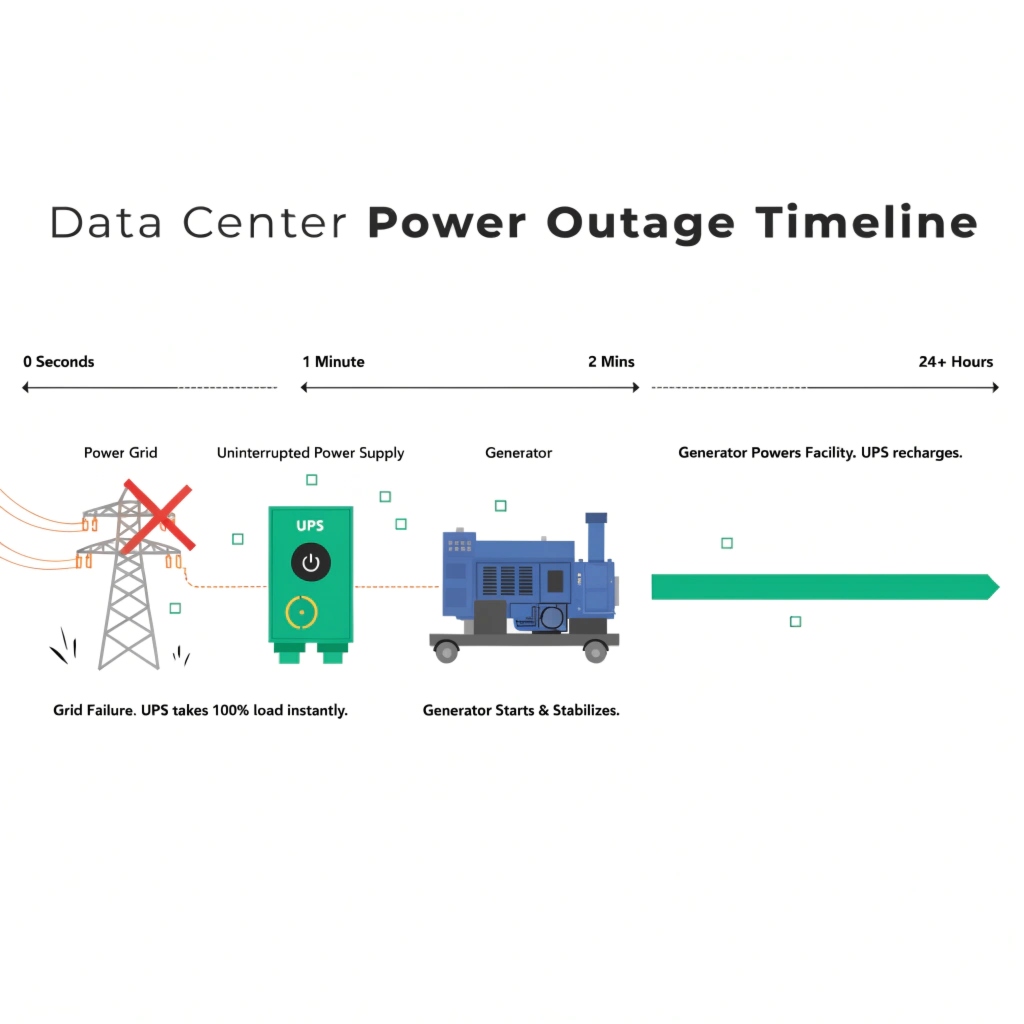 An infographic showing a timeline: 0 min (grid fails, UPS on), 2 min (generator on), 24+ hours (generator running)